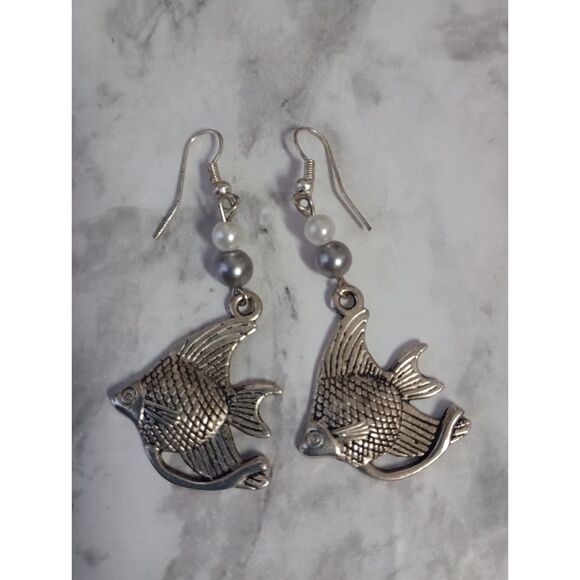 Silver Tone Fish Shaped Hook Earrings - Picture 1 of 3